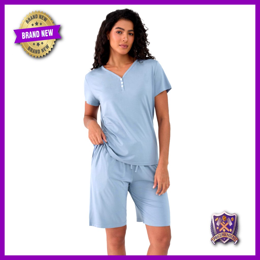 Bamboo Viscose Pajama Set Moisture Wicking Bermuda Shorts Henley Neck Sleepwear
